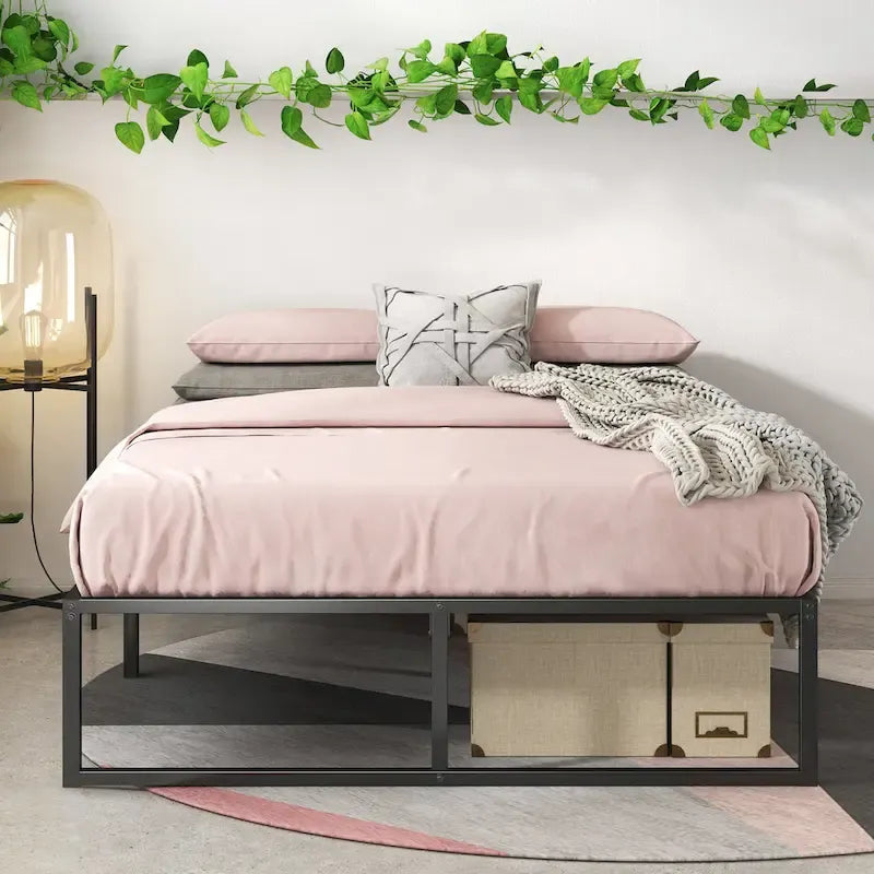 14-Inch Black Metal Platform Bed Frame with Sled Base & Steel Slats — 4 Sizes