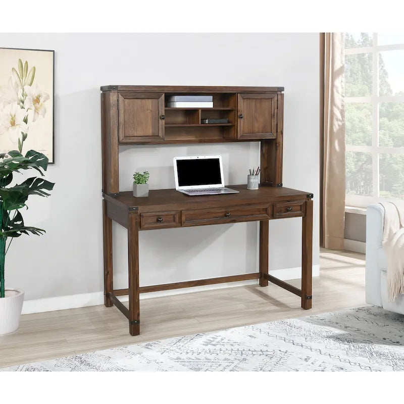 Wood Grain Desk with Hutch — 3 Drawers, Open Shelves & Cabinet Doors for Home Office
