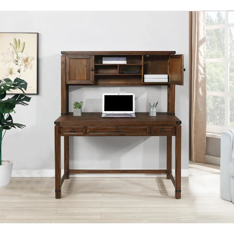 Wood Grain Desk with Hutch — 3 Drawers, Open Shelves & Cabinet Doors for Home Office