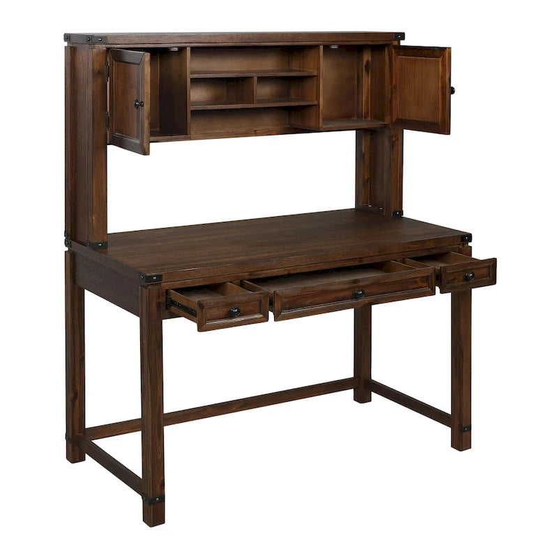 Wood Grain Desk with Hutch — 3 Drawers, Open Shelves & Cabinet Doors for Home Office