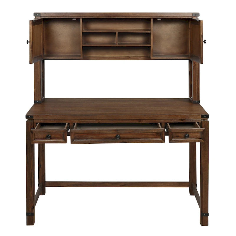 Wood Grain Desk with Hutch — 3 Drawers, Open Shelves & Cabinet Doors for Home Office