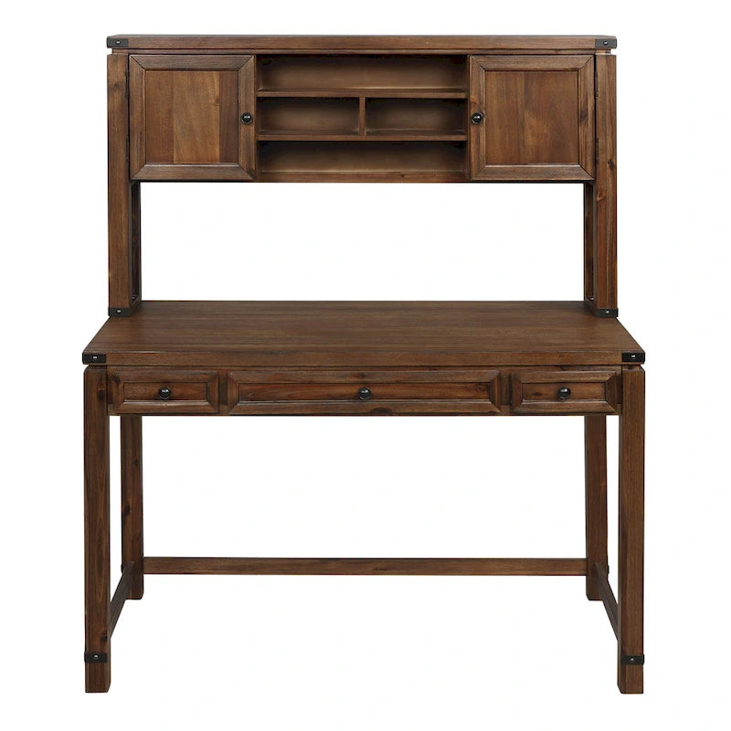 Wood Grain Desk with Hutch — 3 Drawers, Open Shelves & Cabinet Doors for Home Office