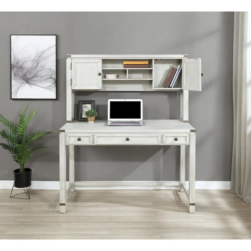 Wood Grain Desk with Hutch — 3 Drawers, Open Shelves & Cabinet Doors for Home Office