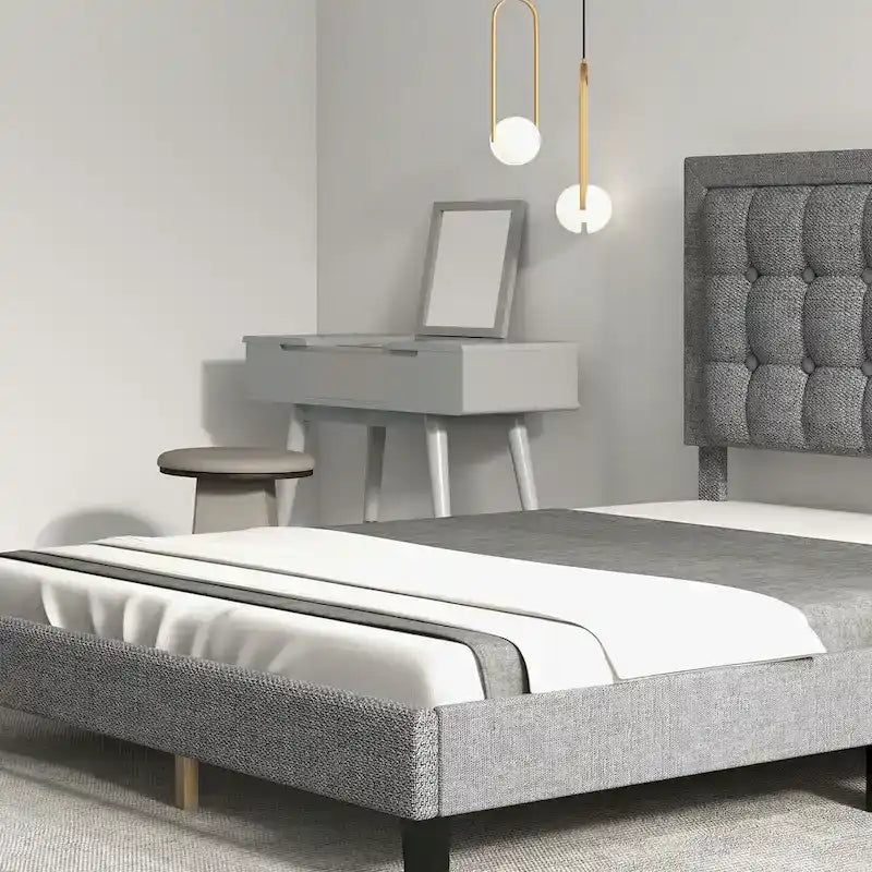 Upholstered Platform Bed Frame with Adjustable Button Tufted Headboard
