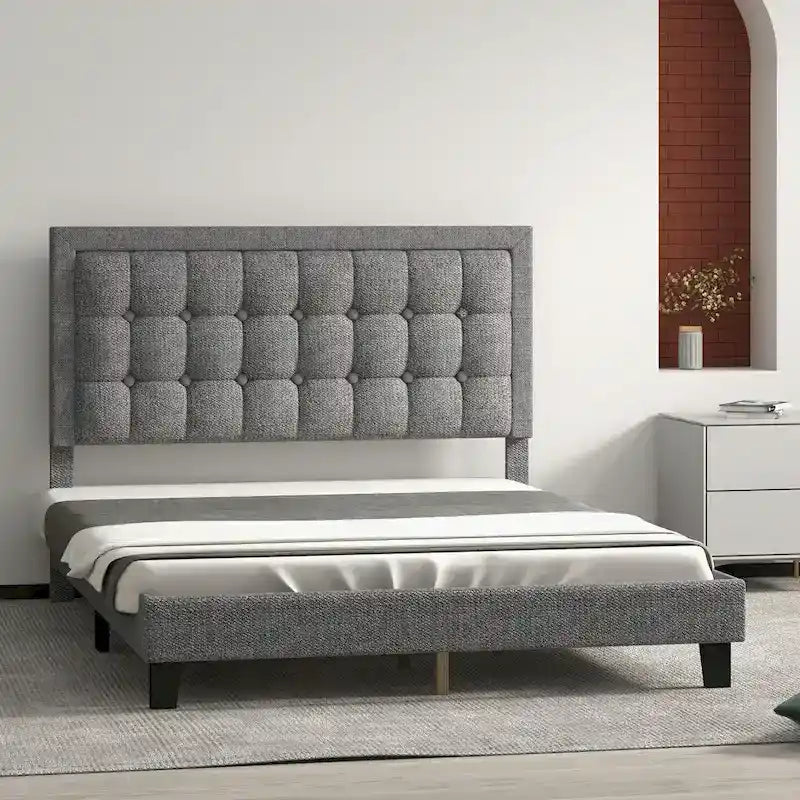 Upholstered Platform Bed Frame with Adjustable Button Tufted Headboard