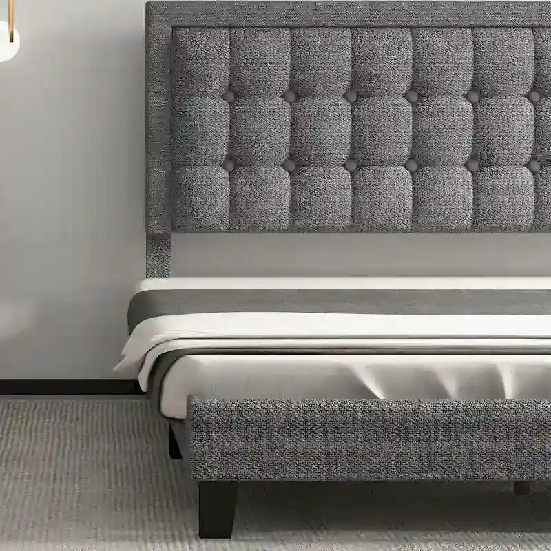 Upholstered Platform Bed Frame with Adjustable Button Tufted Headboard