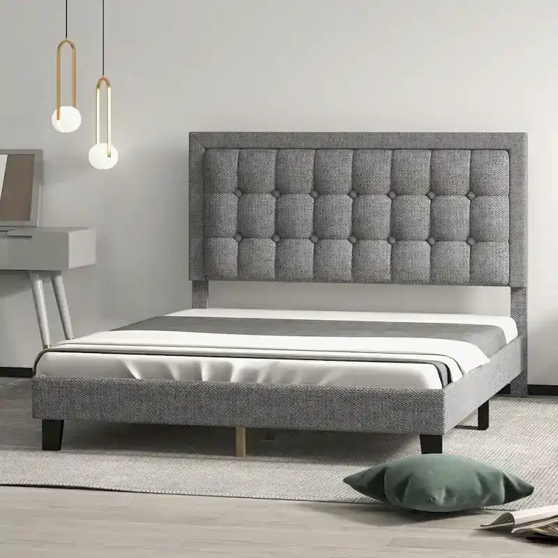 Upholstered Platform Bed Frame with Adjustable Button Tufted Headboard
