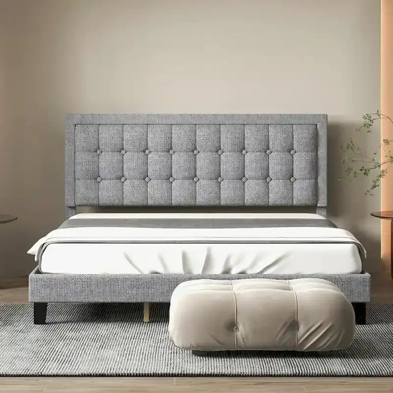 Upholstered Platform Bed Frame with Adjustable Button Tufted Headboard