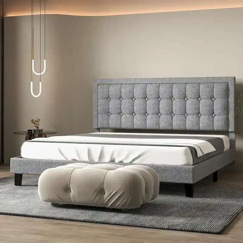Upholstered Platform Bed Frame with Adjustable Button Tufted Headboard