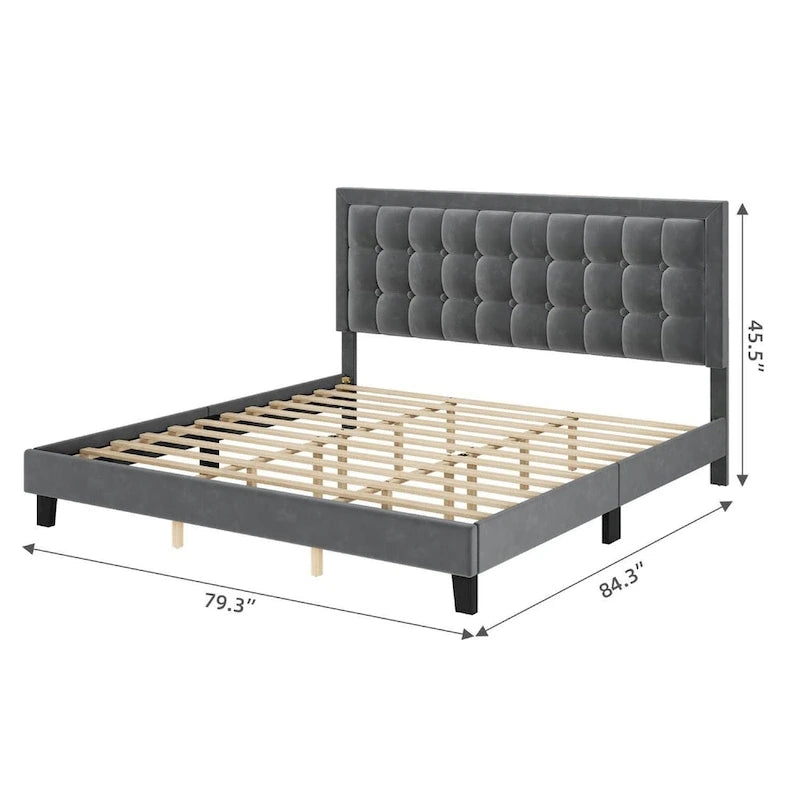 Upholstered Platform Bed Frame with Adjustable Button Tufted Headboard