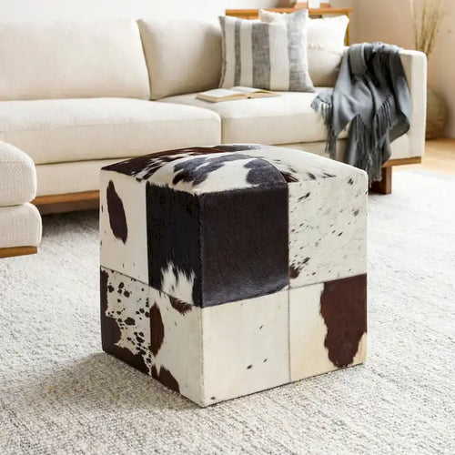 18-Inch Leather Cowhide Cube Pouf Ottoman with Padded Top — Handcrafted
