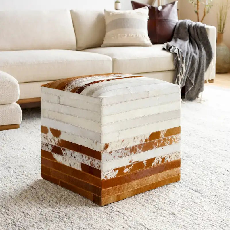 18-Inch Leather Cowhide Cube Pouf Ottoman with Padded Top — Handcrafted