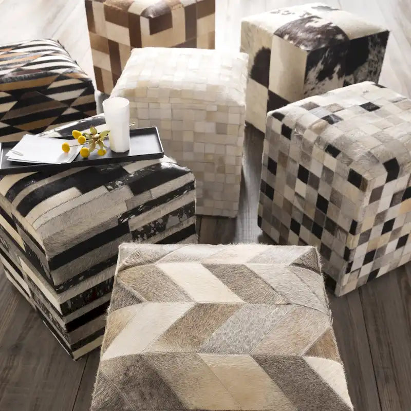 18-Inch Leather Cowhide Cube Pouf Ottoman with Padded Top — Handcrafted