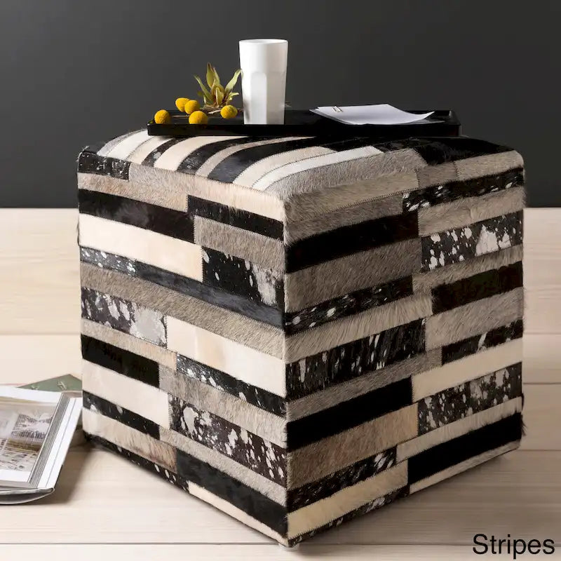 18-Inch Leather Cowhide Cube Pouf Ottoman with Padded Top — Handcrafted