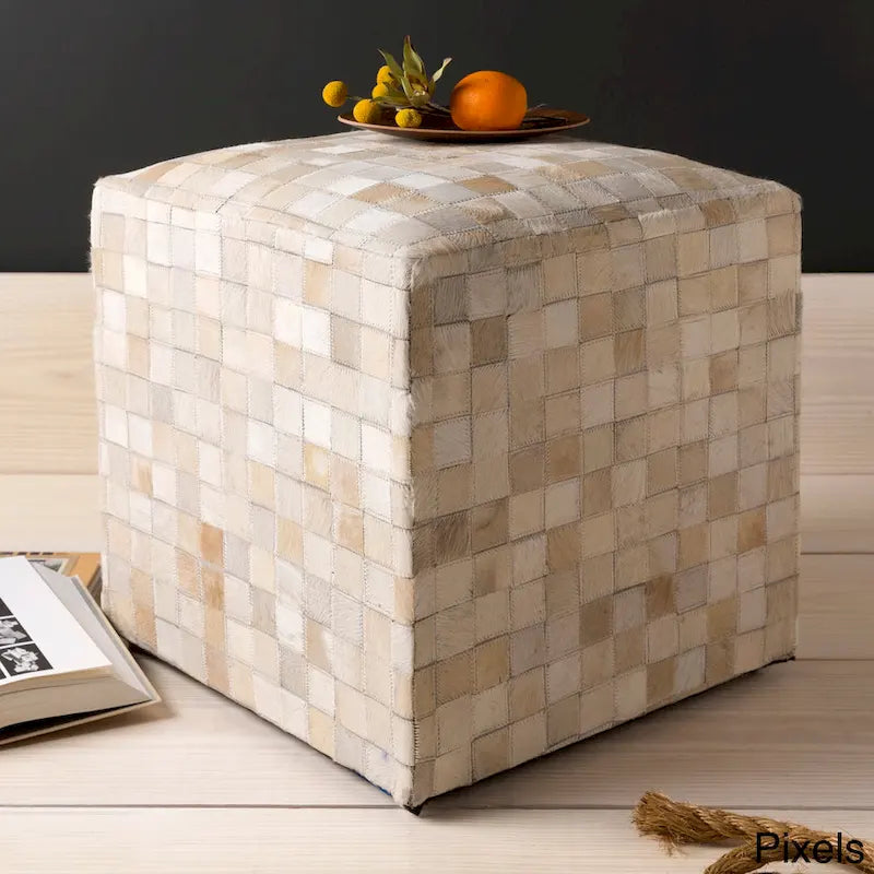 18-Inch Leather Cowhide Cube Pouf Ottoman with Padded Top — Handcrafted