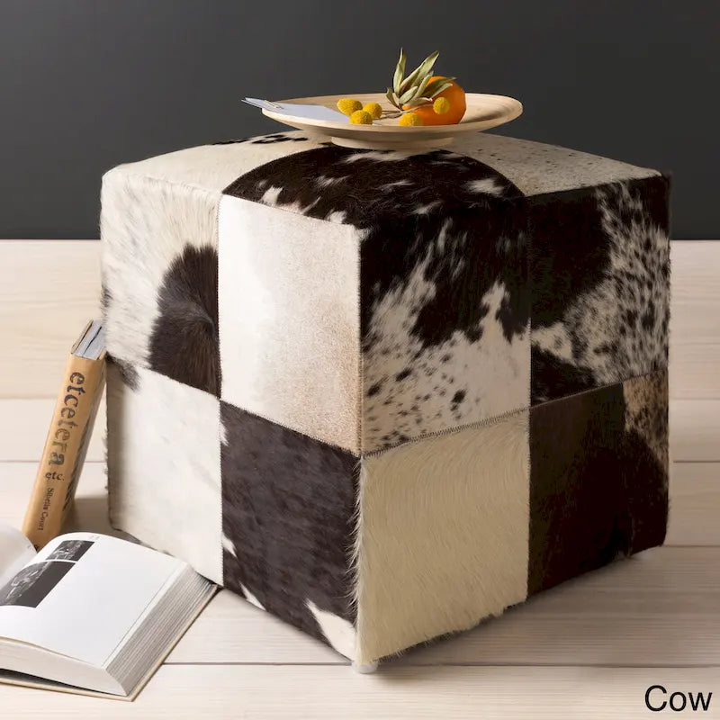 18-Inch Leather Cowhide Cube Pouf Ottoman with Padded Top — Handcrafted