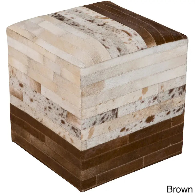 18-Inch Leather Cowhide Cube Pouf Ottoman with Padded Top — Handcrafted