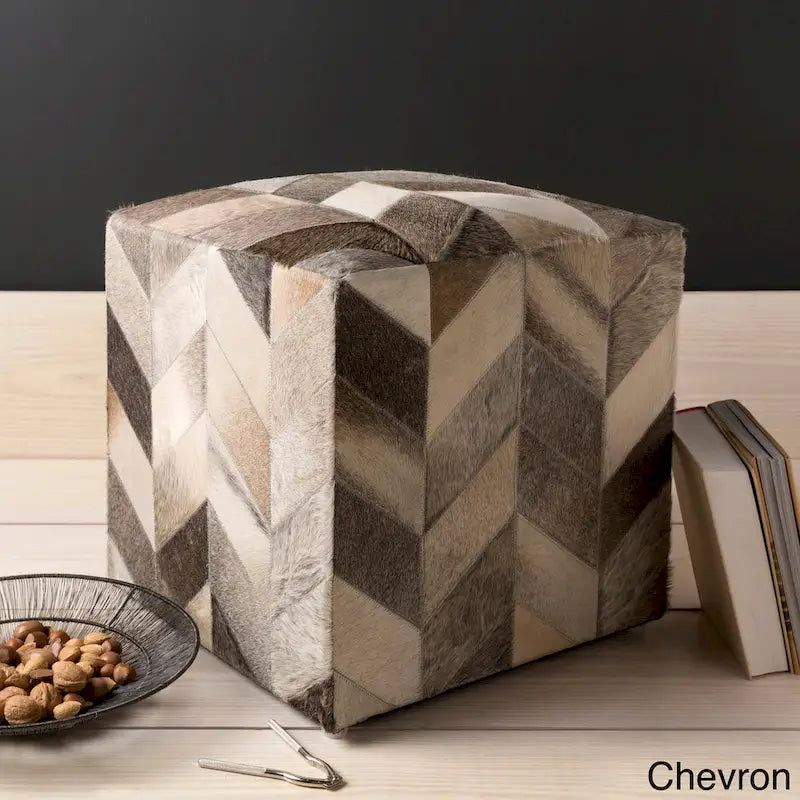 18-Inch Leather Cowhide Cube Pouf Ottoman with Padded Top — Handcrafted