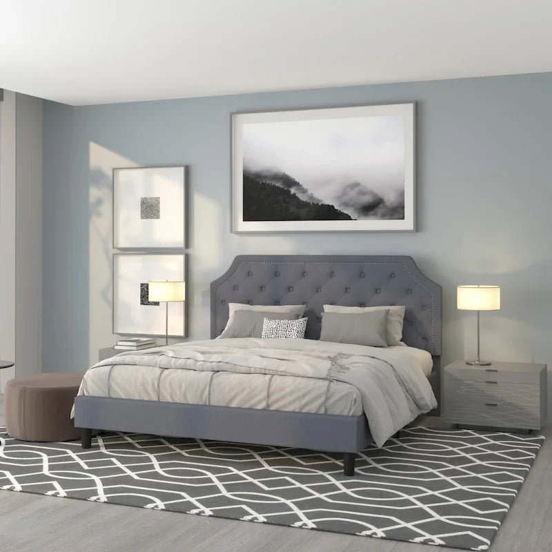 Arched Button Tufted Upholstered Platform Bed with Nailhead Trim — Low Profile