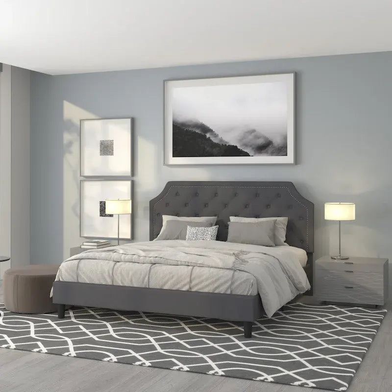 Arched Button Tufted Upholstered Platform Bed with Nailhead Trim — Low Profile
