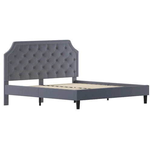 Arched Button Tufted Upholstered Platform Bed with Nailhead Trim — Low Profile