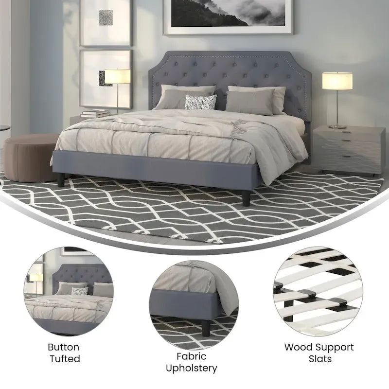 Arched Button Tufted Upholstered Platform Bed with Nailhead Trim — Low Profile