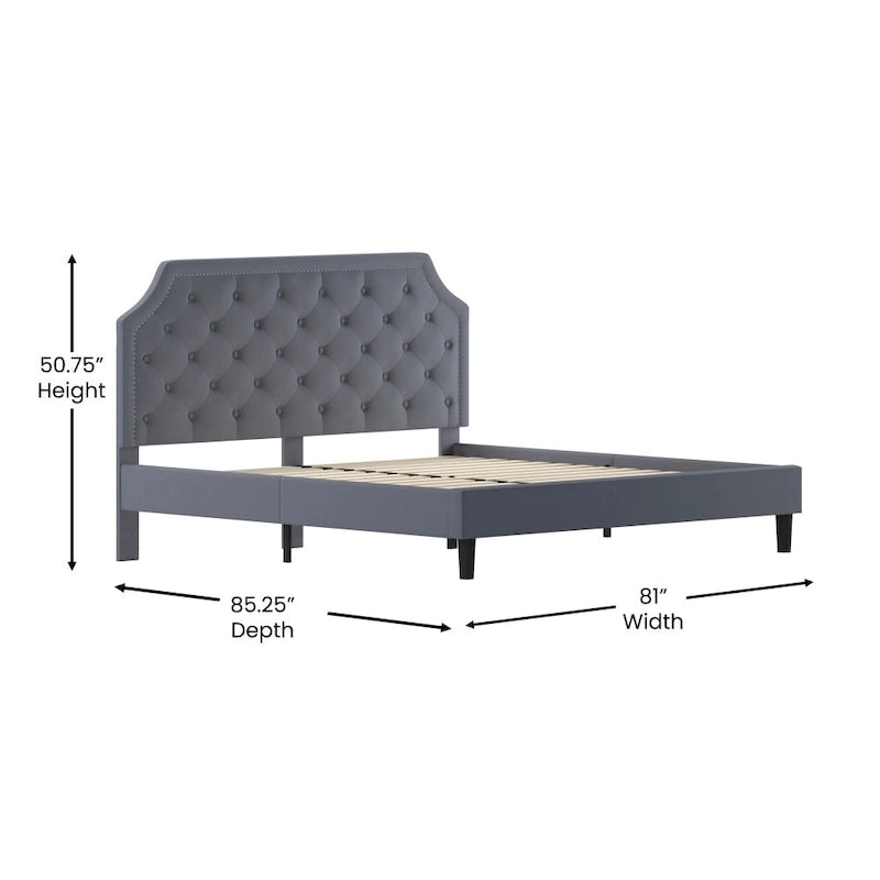Arched Button Tufted Upholstered Platform Bed with Nailhead Trim — Low Profile