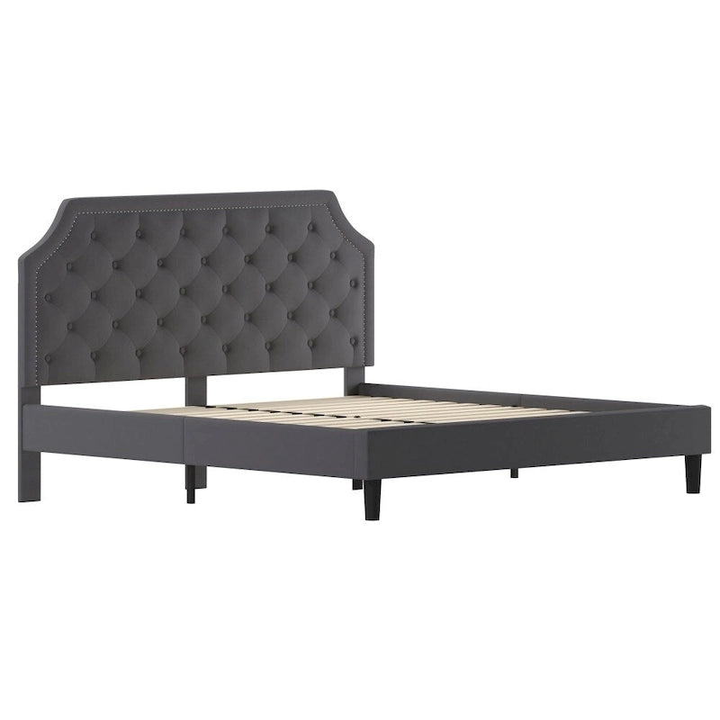 Arched Button Tufted Upholstered Platform Bed with Nailhead Trim — Low Profile