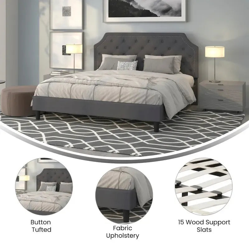 Arched Button Tufted Upholstered Platform Bed with Nailhead Trim — Low Profile