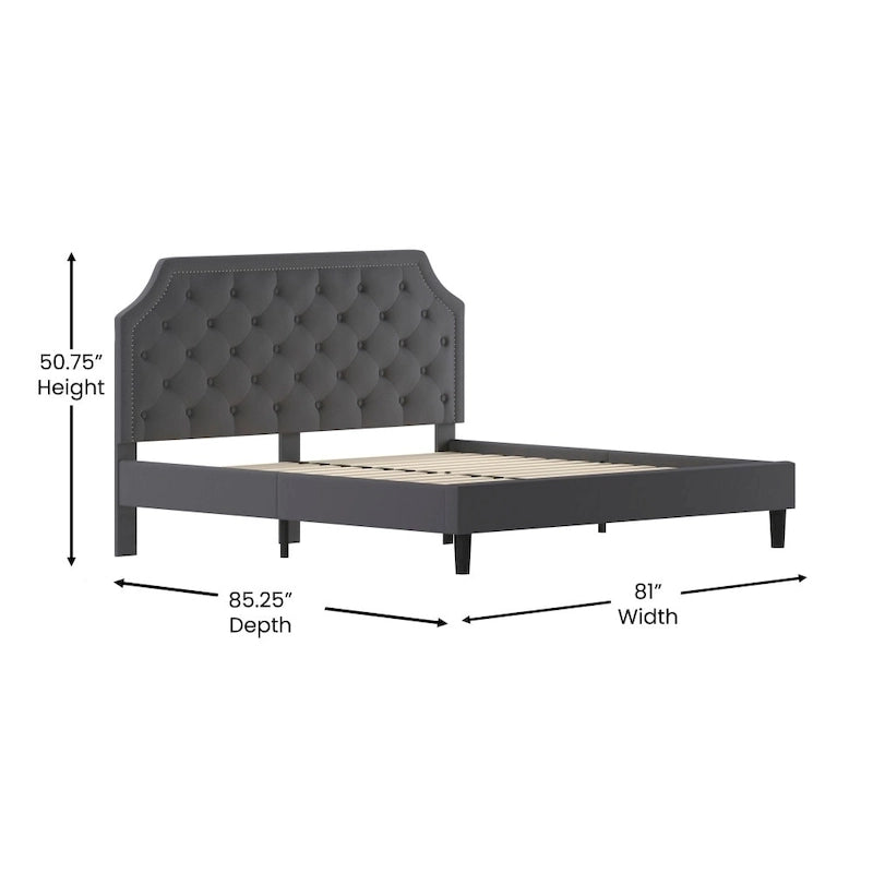 Arched Button Tufted Upholstered Platform Bed with Nailhead Trim — Low Profile