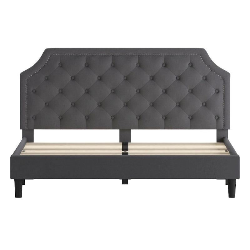 Arched Button Tufted Upholstered Platform Bed with Nailhead Trim — Low Profile