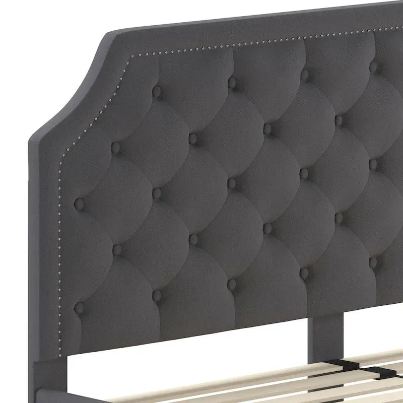 Arched Button Tufted Upholstered Platform Bed with Nailhead Trim — Low Profile