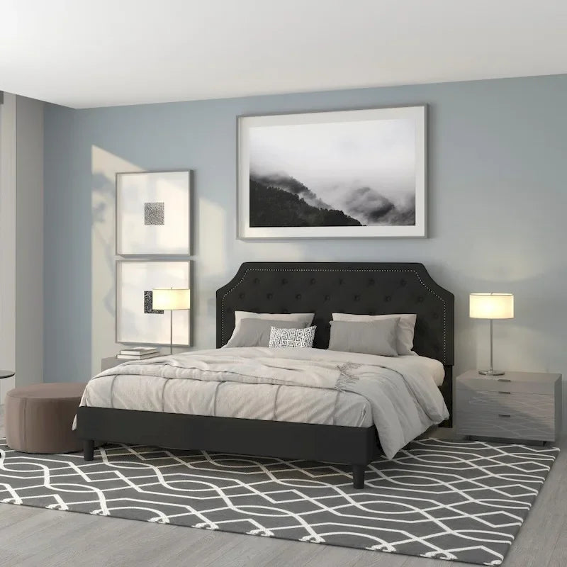 Arched Button Tufted Upholstered Platform Bed with Nailhead Trim — Low Profile
