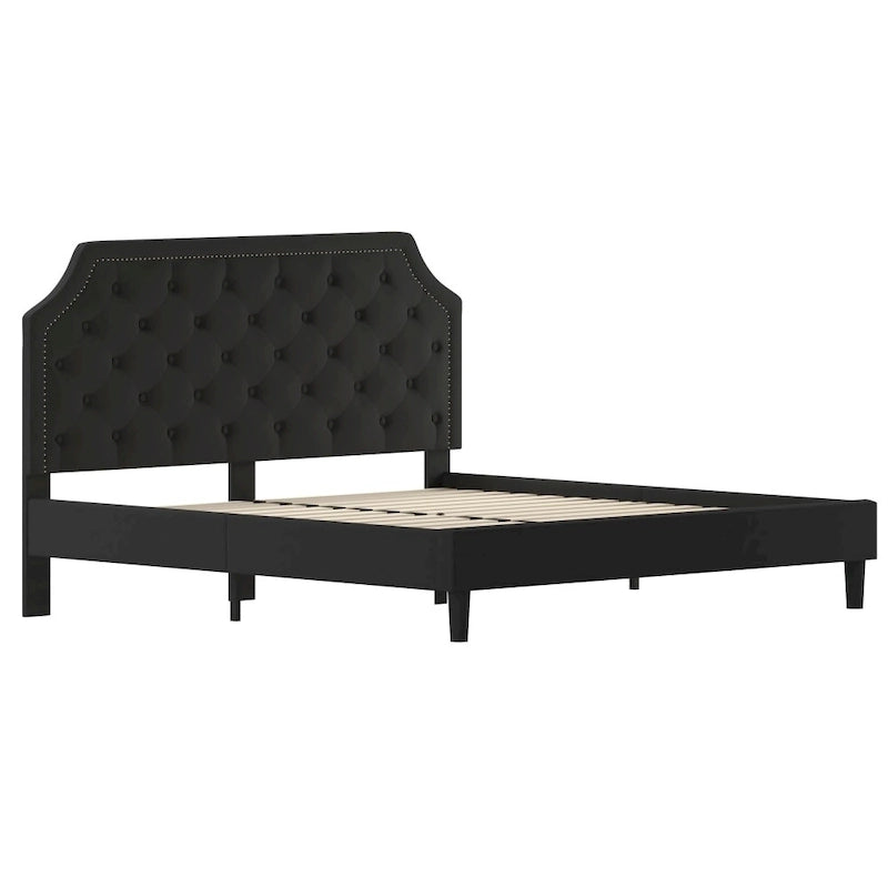 Arched Button Tufted Upholstered Platform Bed with Nailhead Trim — Low Profile