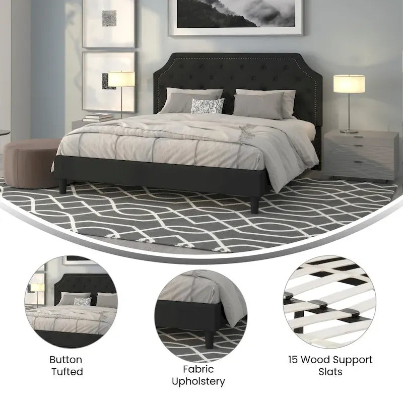 Arched Button Tufted Upholstered Platform Bed with Nailhead Trim — Low Profile