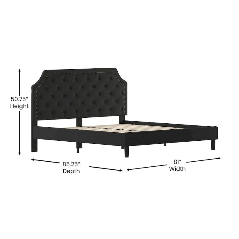 Arched Button Tufted Upholstered Platform Bed with Nailhead Trim — Low Profile