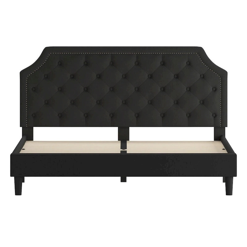 Arched Button Tufted Upholstered Platform Bed with Nailhead Trim — Low Profile