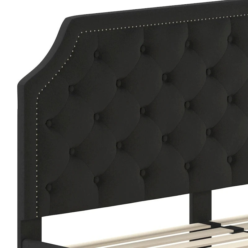 Arched Button Tufted Upholstered Platform Bed with Nailhead Trim — Low Profile