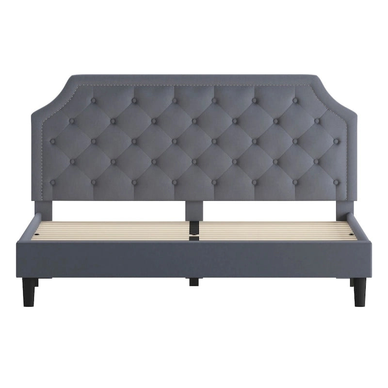 Arched Button Tufted Upholstered Platform Bed with Nailhead Trim — Low Profile