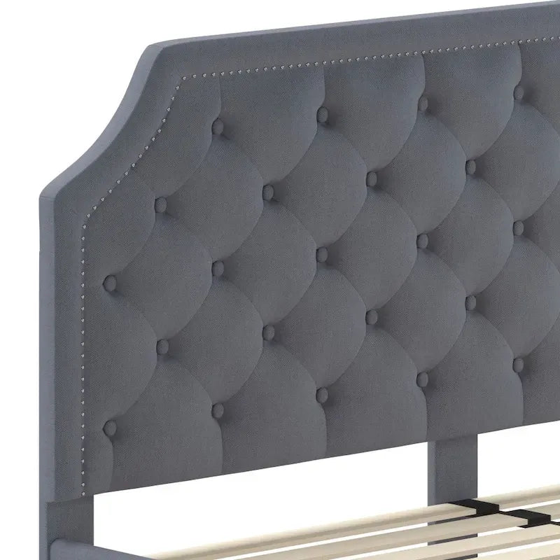 Arched Button Tufted Upholstered Platform Bed with Nailhead Trim — Low Profile