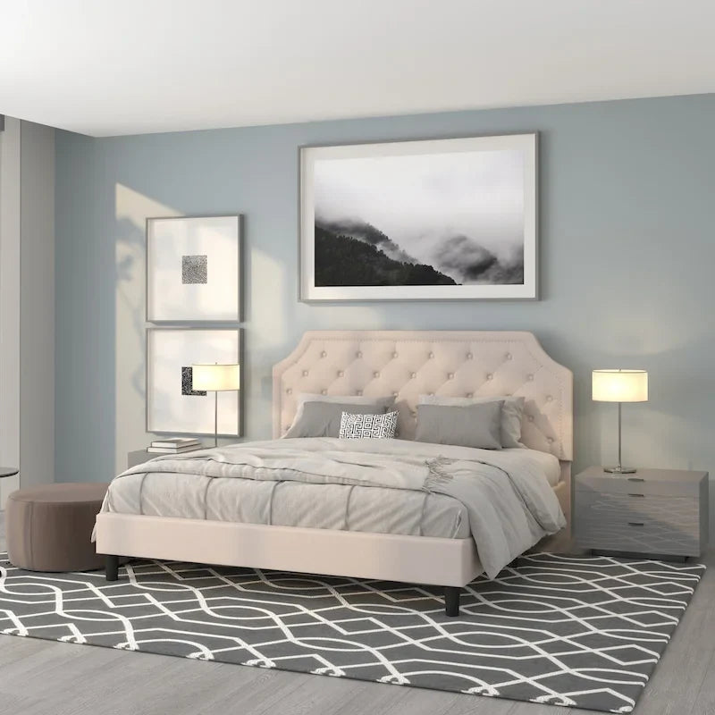 Arched Button Tufted Upholstered Platform Bed with Nailhead Trim — Low Profile