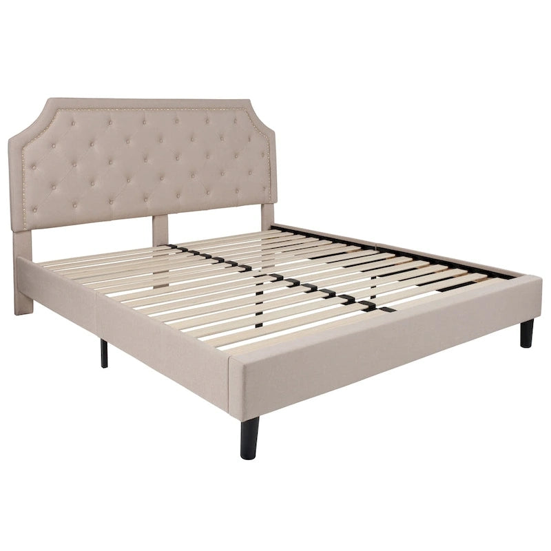 Arched Button Tufted Upholstered Platform Bed with Nailhead Trim — Low Profile