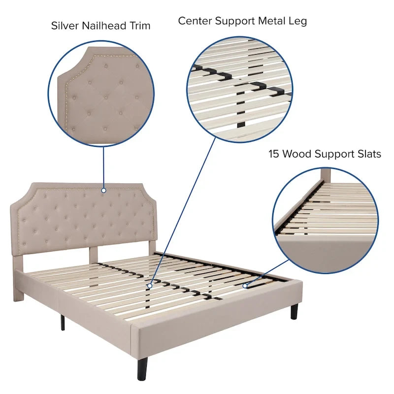 Arched Button Tufted Upholstered Platform Bed with Nailhead Trim — Low Profile