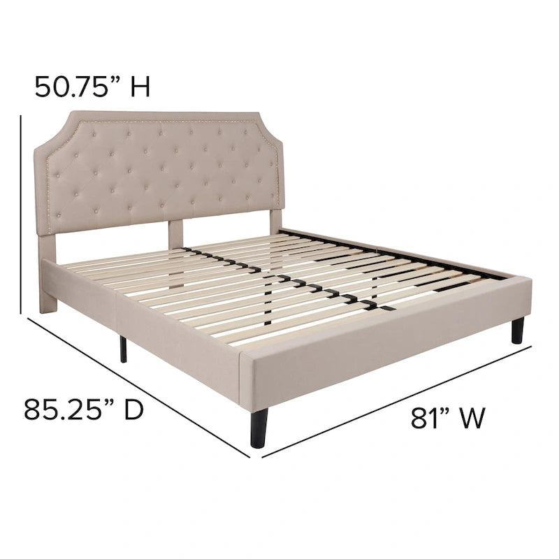Arched Button Tufted Upholstered Platform Bed with Nailhead Trim — Low Profile