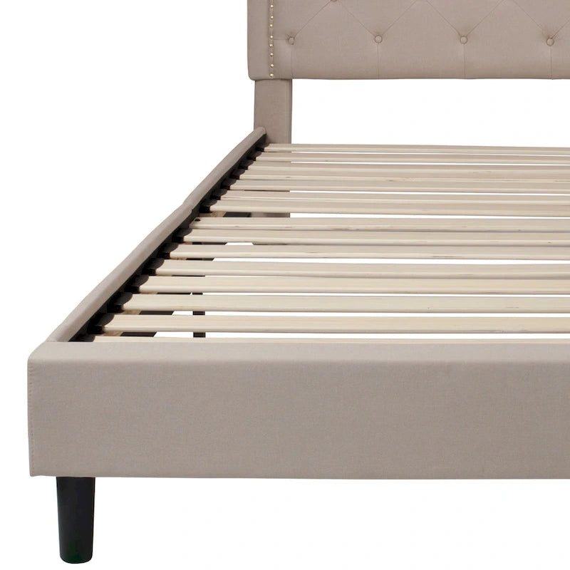 Arched Button Tufted Upholstered Platform Bed with Nailhead Trim — Low Profile