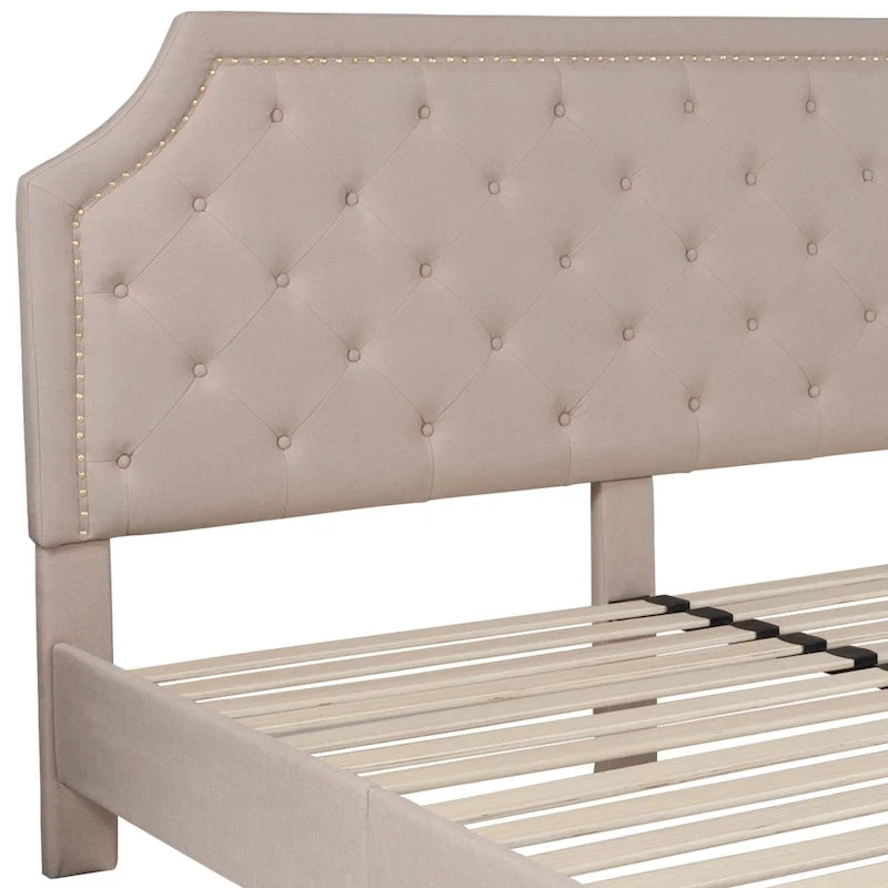 Arched Button Tufted Upholstered Platform Bed with Nailhead Trim — Low Profile
