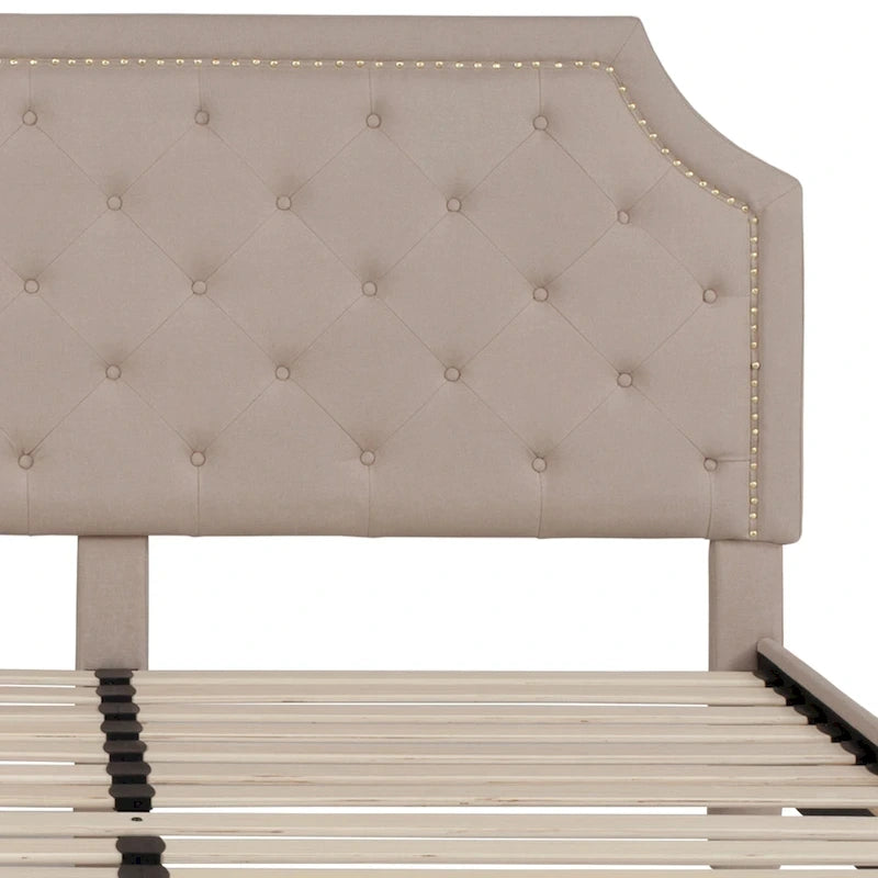 Arched Button Tufted Upholstered Platform Bed with Nailhead Trim — Low Profile