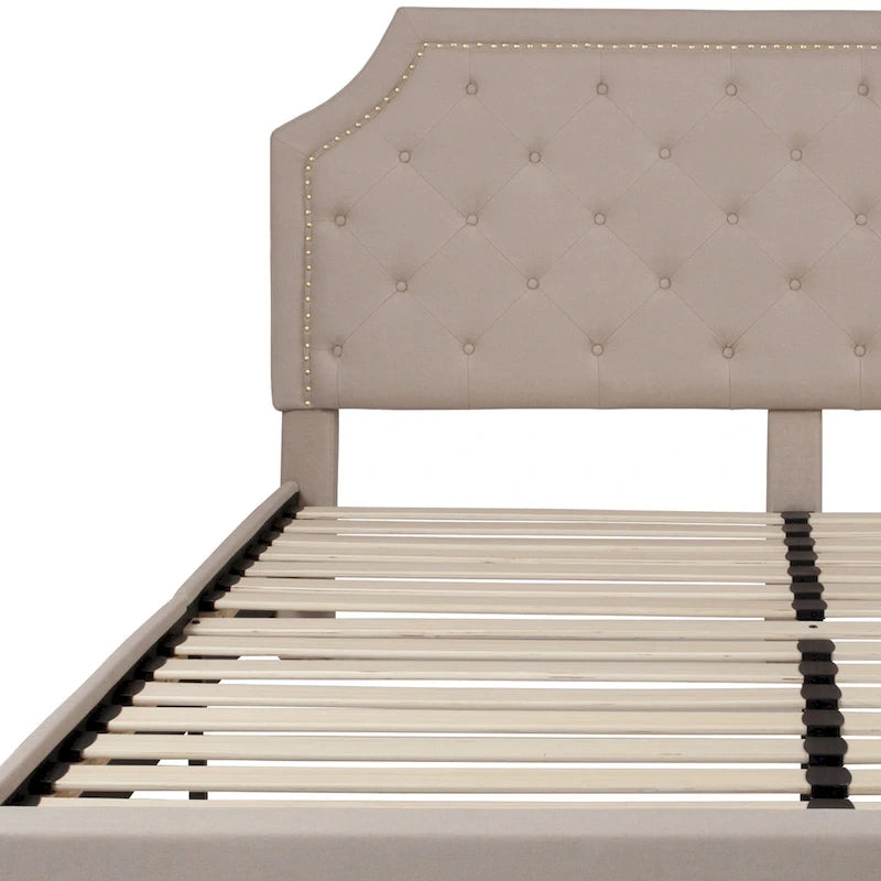 Arched Button Tufted Upholstered Platform Bed with Nailhead Trim — Low Profile