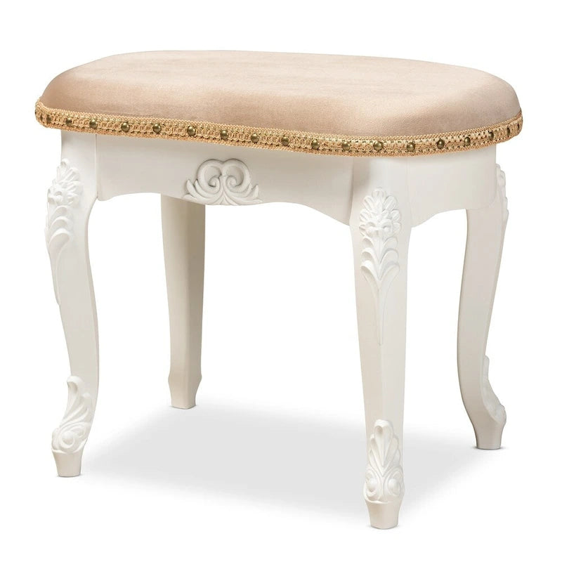 French Country Upholstered Vanity Ottoman with Nailhead Trim and Floral Detail