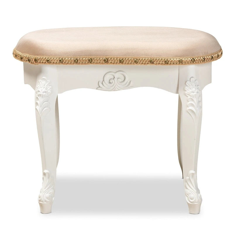 French Country Upholstered Vanity Ottoman with Nailhead Trim and Floral Detail